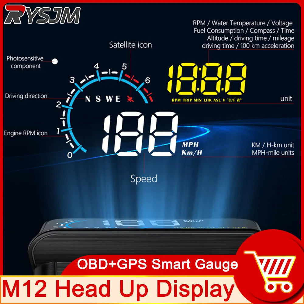 M12 HUD Windshield Projector OBD+GPS Universal Head Up Display Car Speedometer Water temp RPM Voltage Security Automatic Alarm Default Title Magic Electronics Se3233fe589394415b305ae57a12c2ad8K Default Title