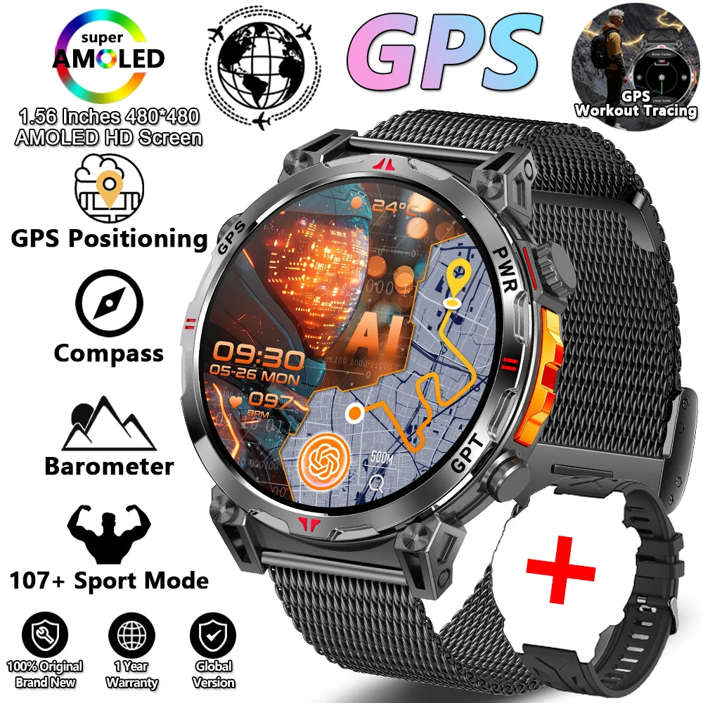 2026 New Outdoor Sports Smartwatch Men GPS Positioning 650mAh HD Call 1.56-inch AMOLED Screen Compass 5ATM Waterproof Watch Man - Magic Electronics