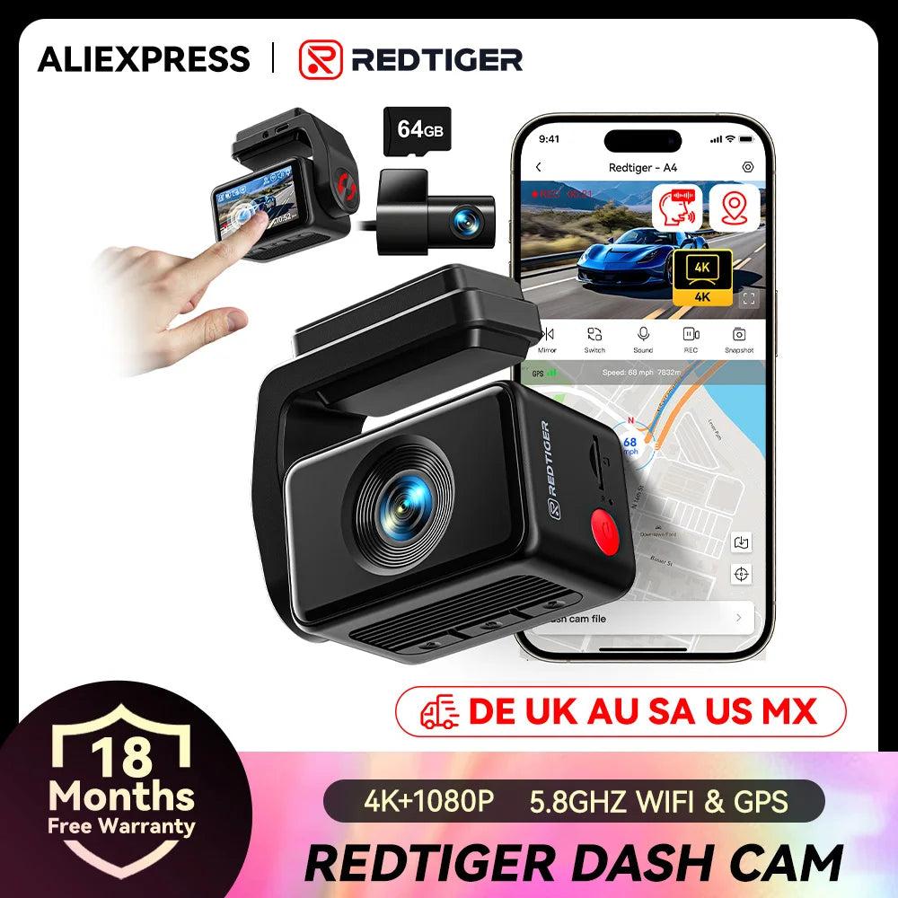 REDTIGER A4 4k Dash Cam Front and Rear Drive Recorder GPS& 5G WiFi Touch Screen Night Vision 24H Parking Mode Voice Control - Magic Electronics