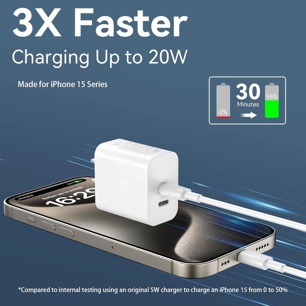 For IPhone16 Fast Charging, 20W Dual Port USB C Charger With 10FT USB C Fast Charging Cable For IPhone 15 Pro Max/15 Pro/15 Plus - Magic Electronics