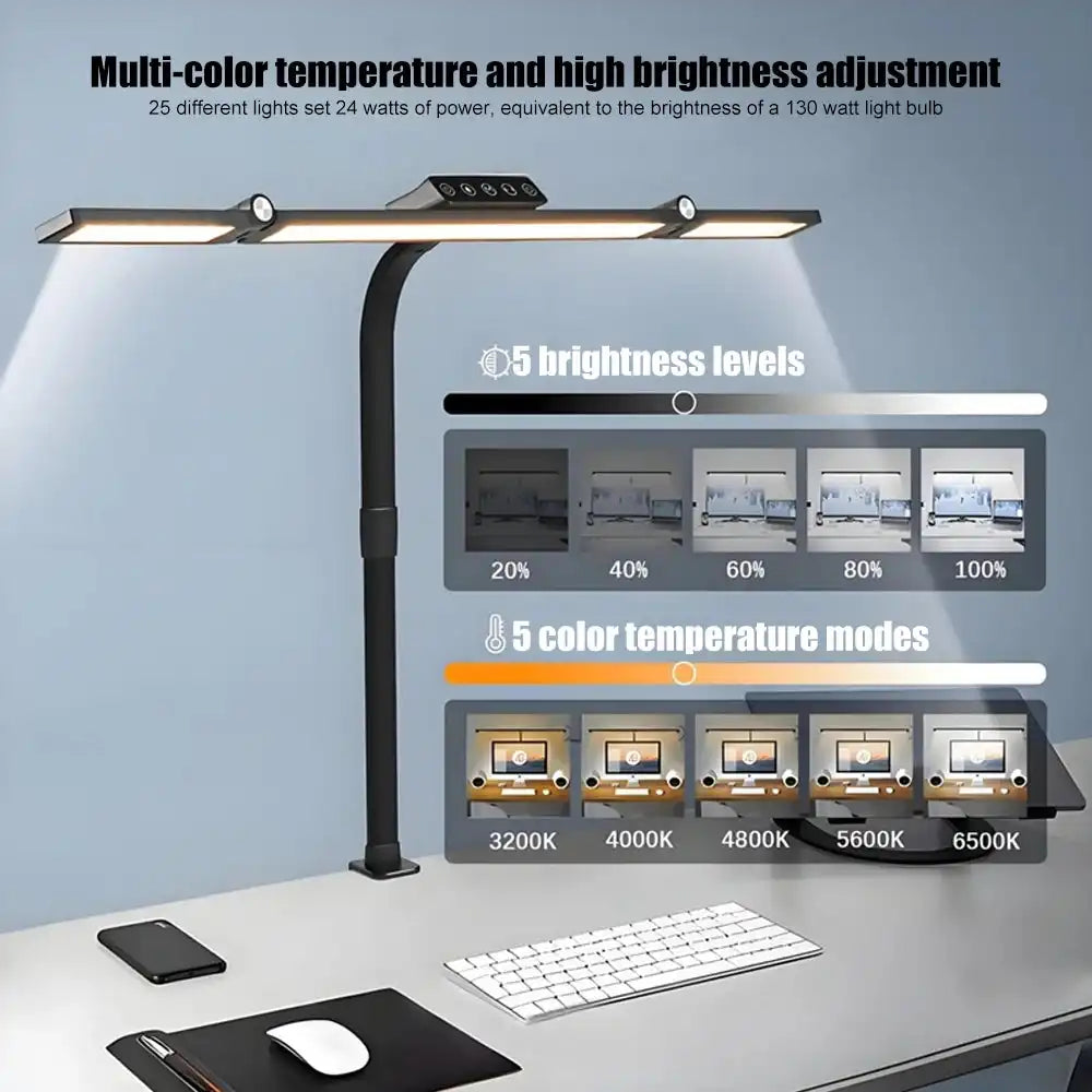 Home Office LED Desk Lamp Double Head Stepless Dimming Eye-Caring Reading Lights 3 Color Mode Flexible Adjustable PC Table Lamps - Magic Electronics