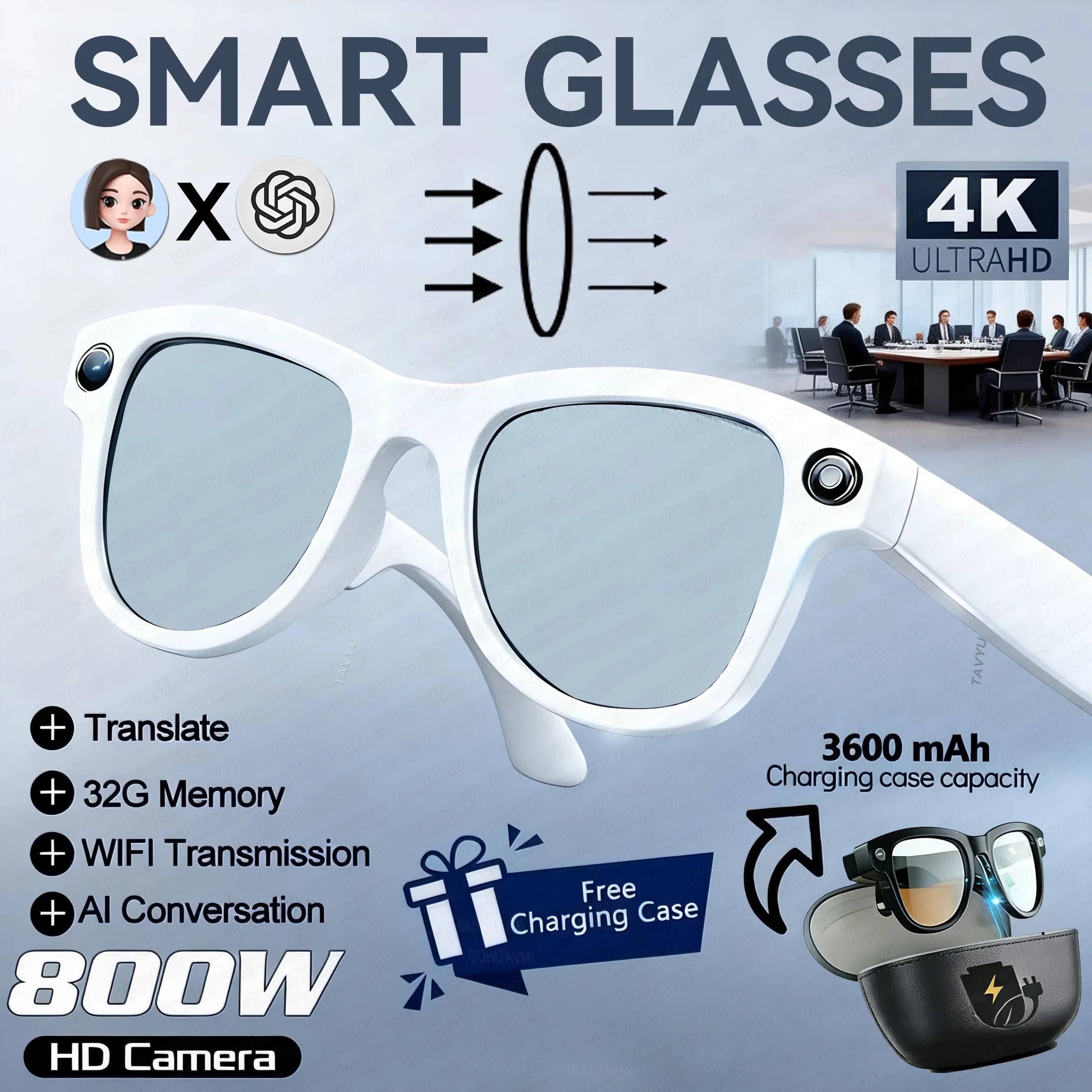 AI Smart Glasses with Camera 1200P M02 Ultra ChatGPT Voice Control 32GB Real-time Translation 3600mAh Charging Case Sunglasses White Blue Light A Magic Electronics See6a95b5ec164ab78e8b692b822fc9bfR White Blue Light A
