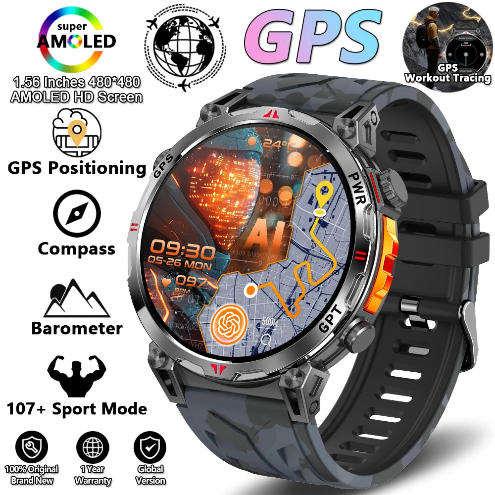 2026 New Outdoor Sports Smartwatch Men GPS Positioning 650mAh HD Call 1.56-inch AMOLED Screen Compass 5ATM Waterproof Watch Man - Magic Electronics