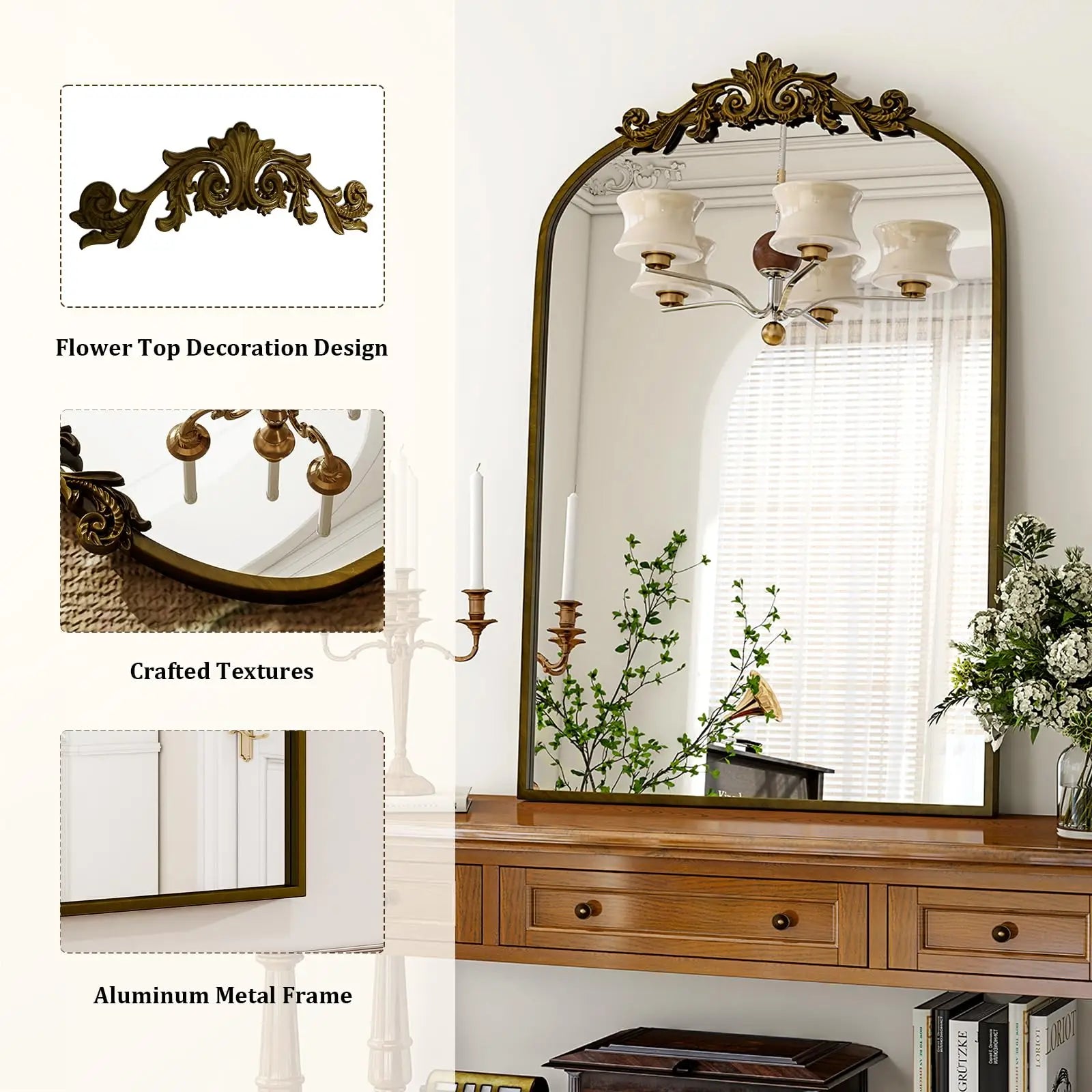 BEAUTYPEAK Vanity Wall Mirror Decorative Vintage Arch Bathroom Mirror Magic Electronics Sfba29a1728764112b193c8e7e6f6ca96L