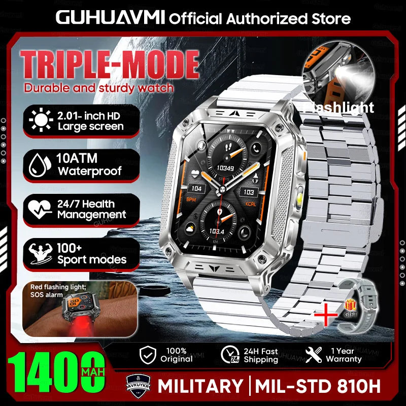 2026 Military outdoor SmartWatch Fitness Clock Men 2.01 inch AMOLED Screen 1400mAh Battery Flashlight Call Waterproof Smart Band Silver Steel B 1400 Large battery Magic Electronics Sff663c46b02546b4a4ebca835a49561bJ Silver Steel B 1400 Large battery