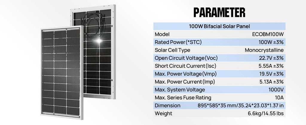 ECO-WORTHY Bifacial 100 Watt 12 Volt Solar Panel Monocrystalline Rigid High-Efficiency PV Module Power Charger for Sunsheds,Rvs - Magic Electronics